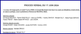 PROCES VERBAL DE LA REUNION DU CONSEIL MUNICIPAL SEANCE DU 17 juin 2024